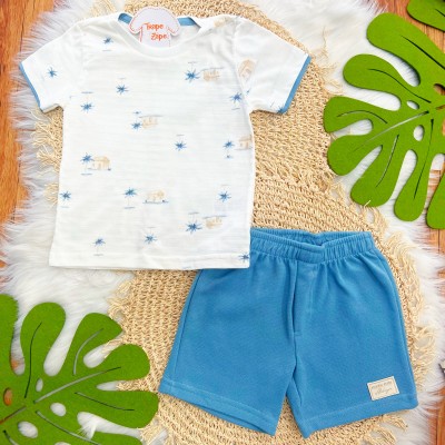  Conj. Camiseta Coqueiros e Bermuda - Off White e Azul Jeans
